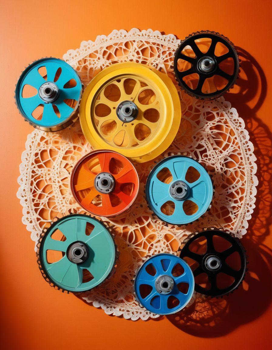 An artistic representation showcasing a colorful, abstract collage of various film reels, intimate silhouettes, and playful shadows, embodying the theme of exploration and sensuality. The background blends warm, inviting colors that evoke a sense of adventure and curiosity in explicit pleasure. Add elements like delicate lace and soft textures to enhance the visual narrative. vibrant colors. abstract art. soft focus.