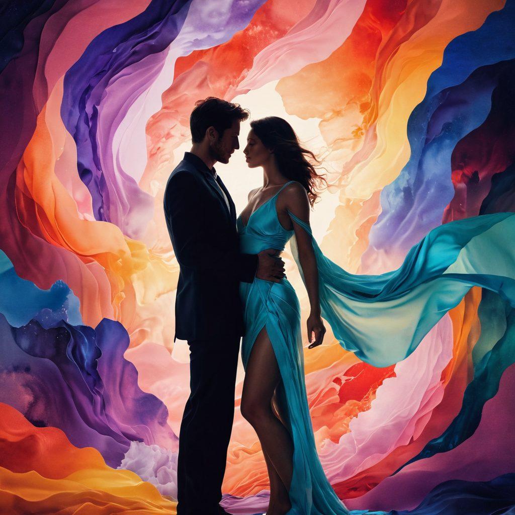 A visually striking collage featuring abstract representations of fantasy and sexuality, incorporating elements like soft, flowing fabrics, silhouettes of diverse couples in intimate poses, and ethereal, dreamlike backgrounds that evoke a sense of exploration and adventure. Hints of subdued yet colorful lighting add depth, creating an atmosphere of fantasy. vibrant colors. surrealism. soft focus.